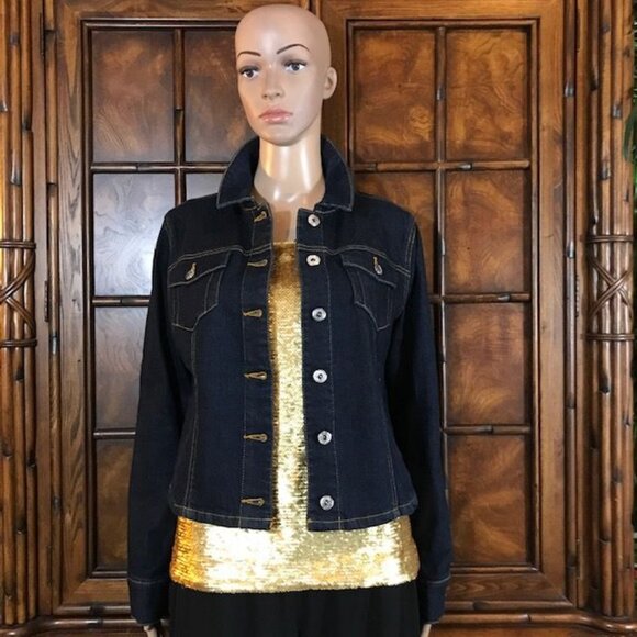 NWOT Du Jour Dark Wash Curved Ruffle Back Stretch Cotton Blend Denim Jacket - Picture 2 of 14